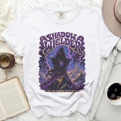 White t-shirt with "Shadow Welder" graphic and "I will not apologize for my nature" text.