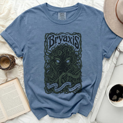 Blue t-shirt with "Bryaxis, The Thing That Under the House of Wind - Do Not Approach" graphic.