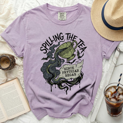 Lilac t-shirt with "Spilling the Tea Since Prythian Began" graphic.