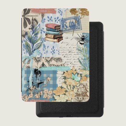 Collage art e-reader cover with books, stamps, butterflies, and text.