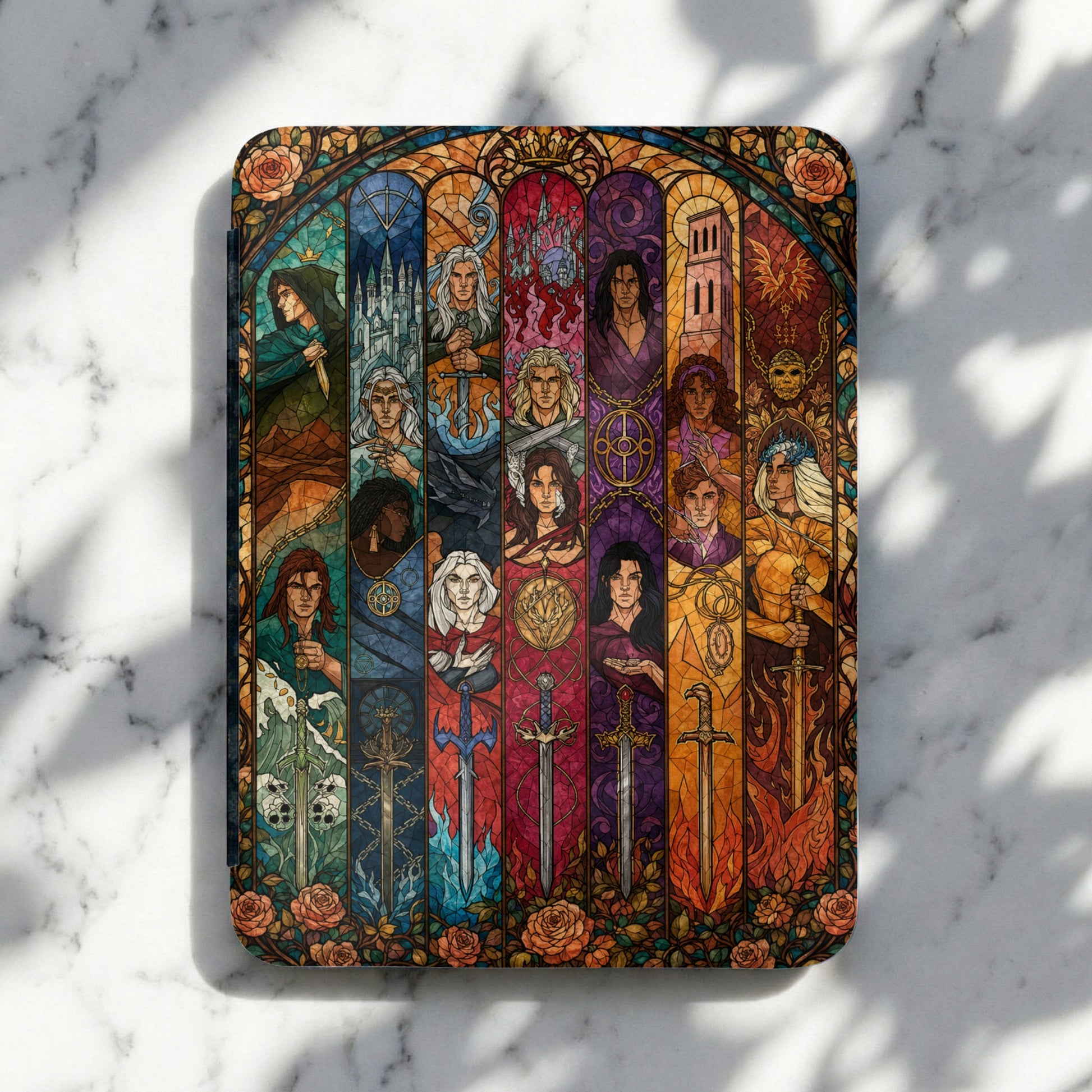 Stained glass panel depicting various characters, swords, and castles with floral border.