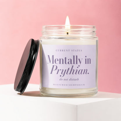 Lit candle in a jar with black lid, reading "Mentally in Prythian. do not disturb".
