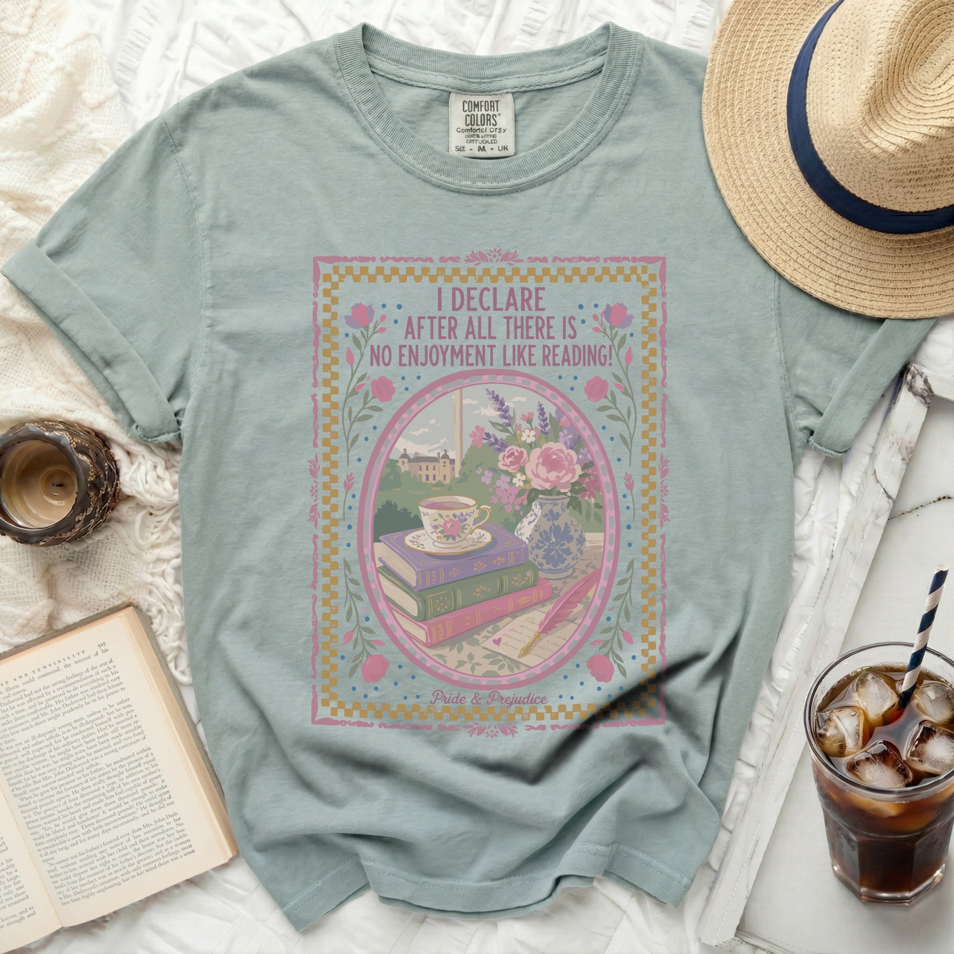 Light green t-shirt with "I declare after all there is no enjoyment like reading" text.