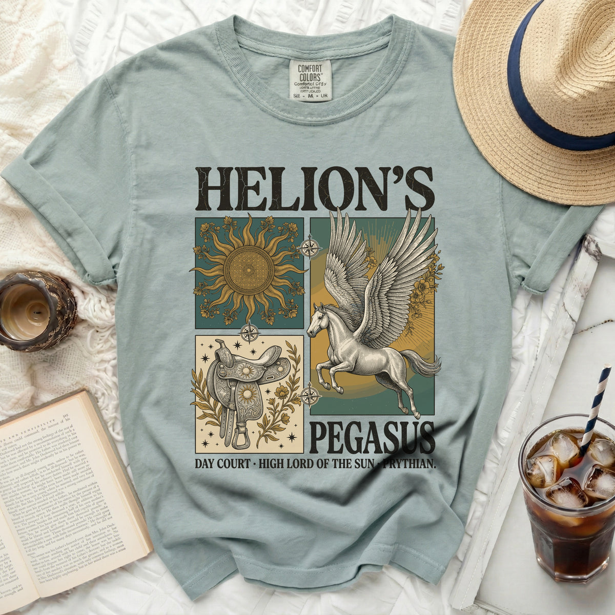 Helion's Pegasus t-shirt with sun, saddle, and winged horse graphic.