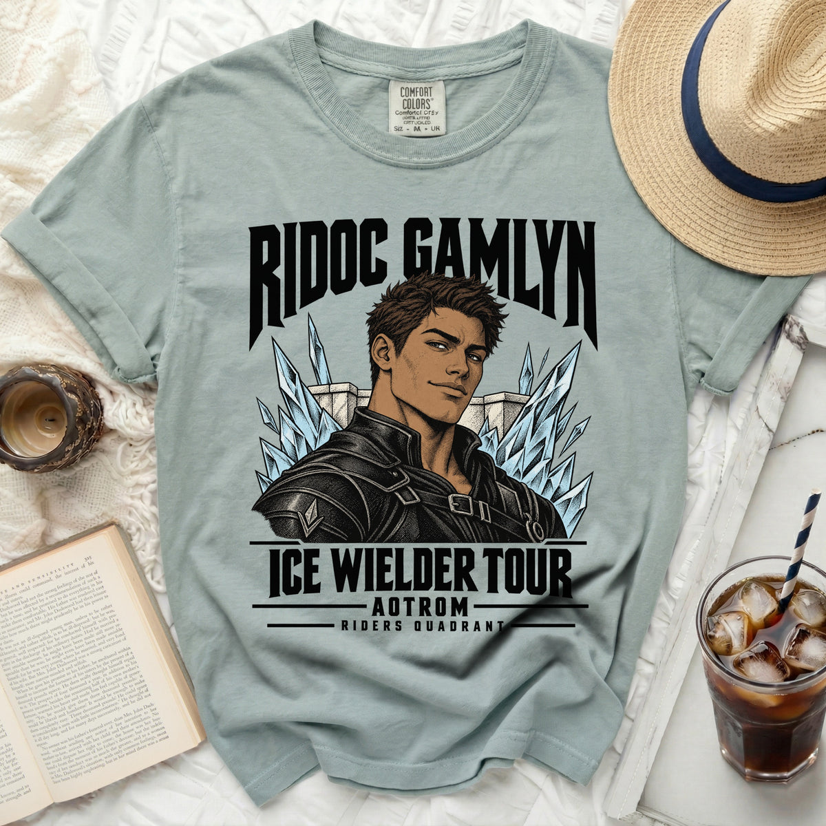 T-shirt featuring "Ridoc Gamlyn Ice Wielder Tour" text and artwork.