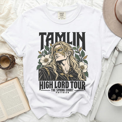 White t-shirt with "Tamlin High Lord Tour The Spring Court Prythian" text and illustration.