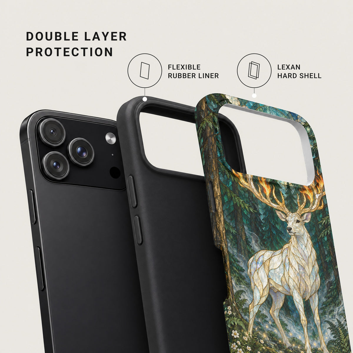 Exploded view of a phone case showing a flexible rubber liner and a decorative hardshell.