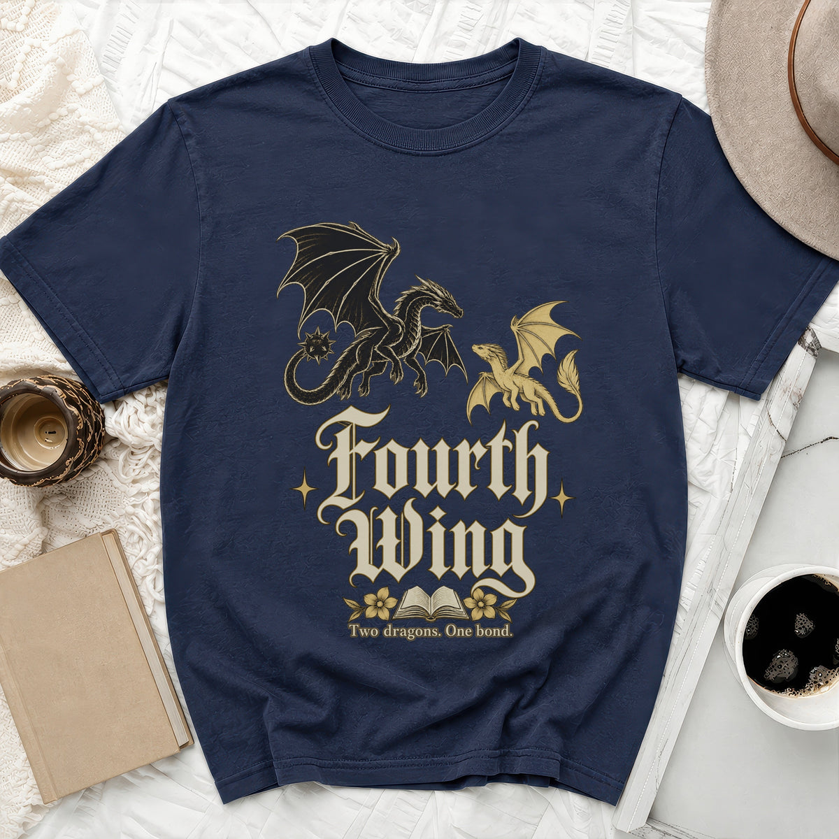 Navy t-shirt with gold "Fourth Wing" text and two dragons.
