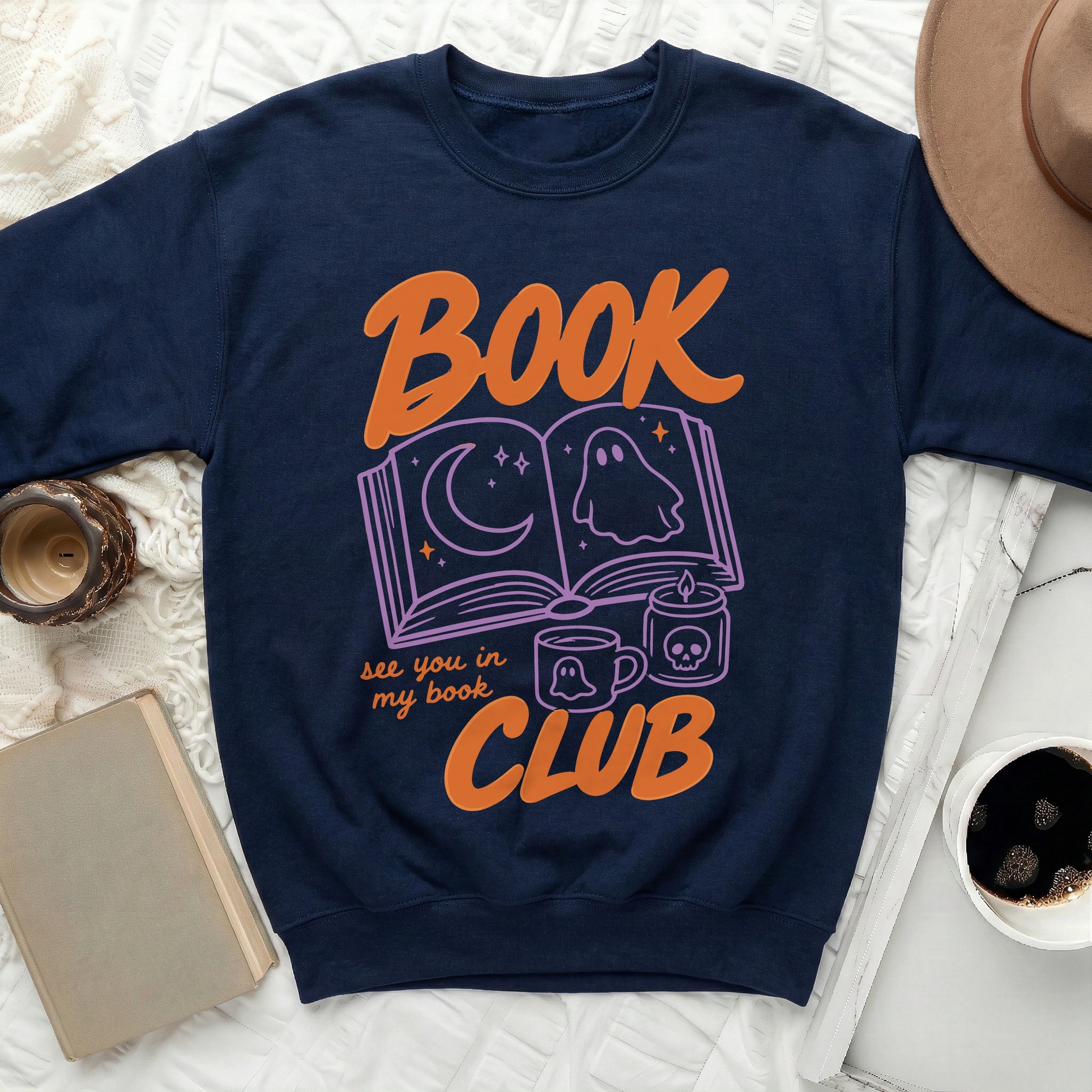 Navy sweatshirt with orange "BOOK" and "CLUB" text, ghost, and book graphic.