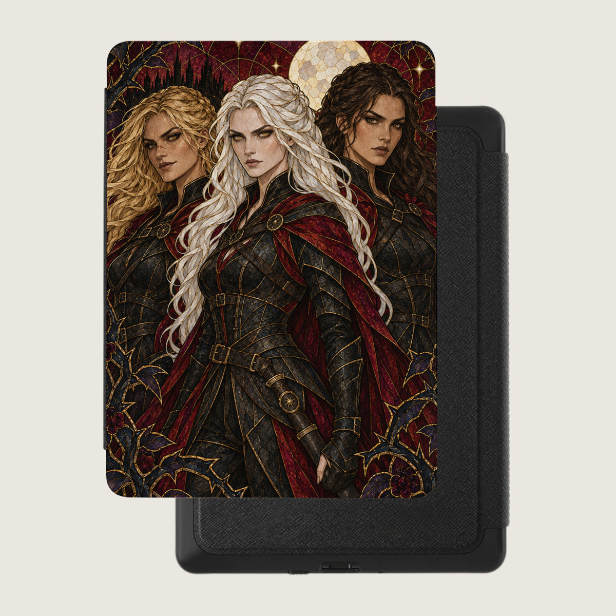 Three women with long hair in ornate armor stand before a starry sky and moon.