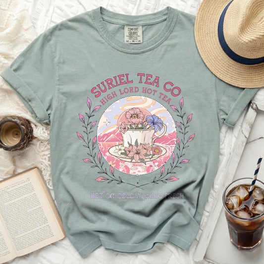 Suriel Tea Co high lord hot tea graphic t-shirt with floral teacup design.
