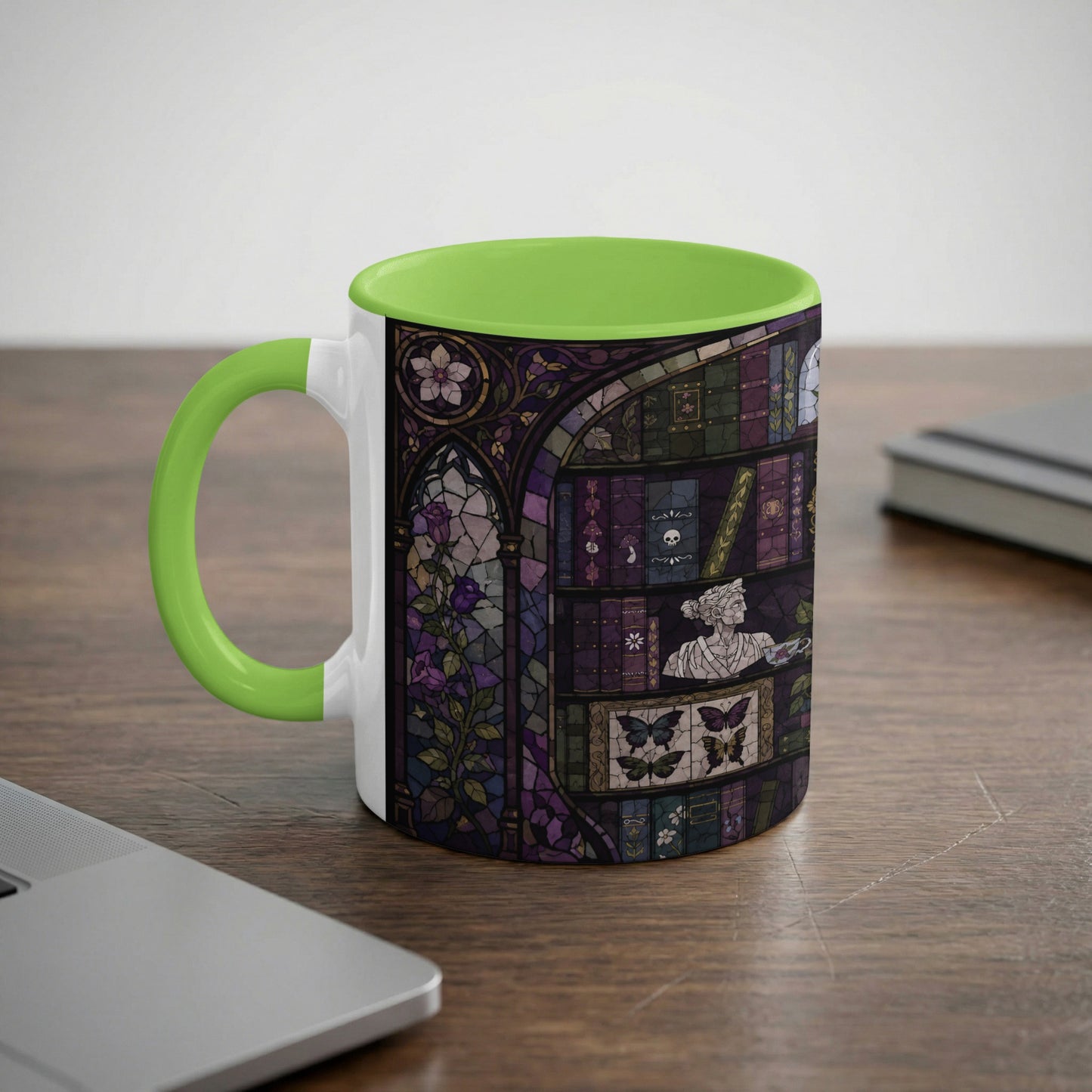 Mug with a stained-glass design of books, butterflies, roses, and a bust.