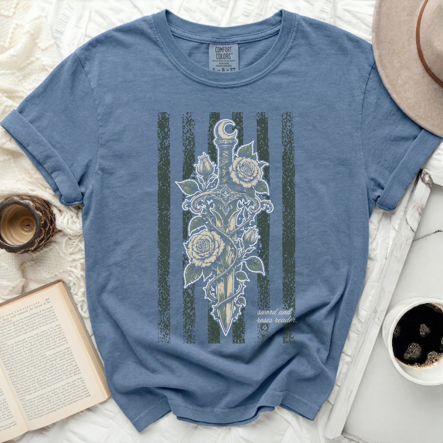 T-shirt with sword, roses, moon, and "sword and roses reader" text.