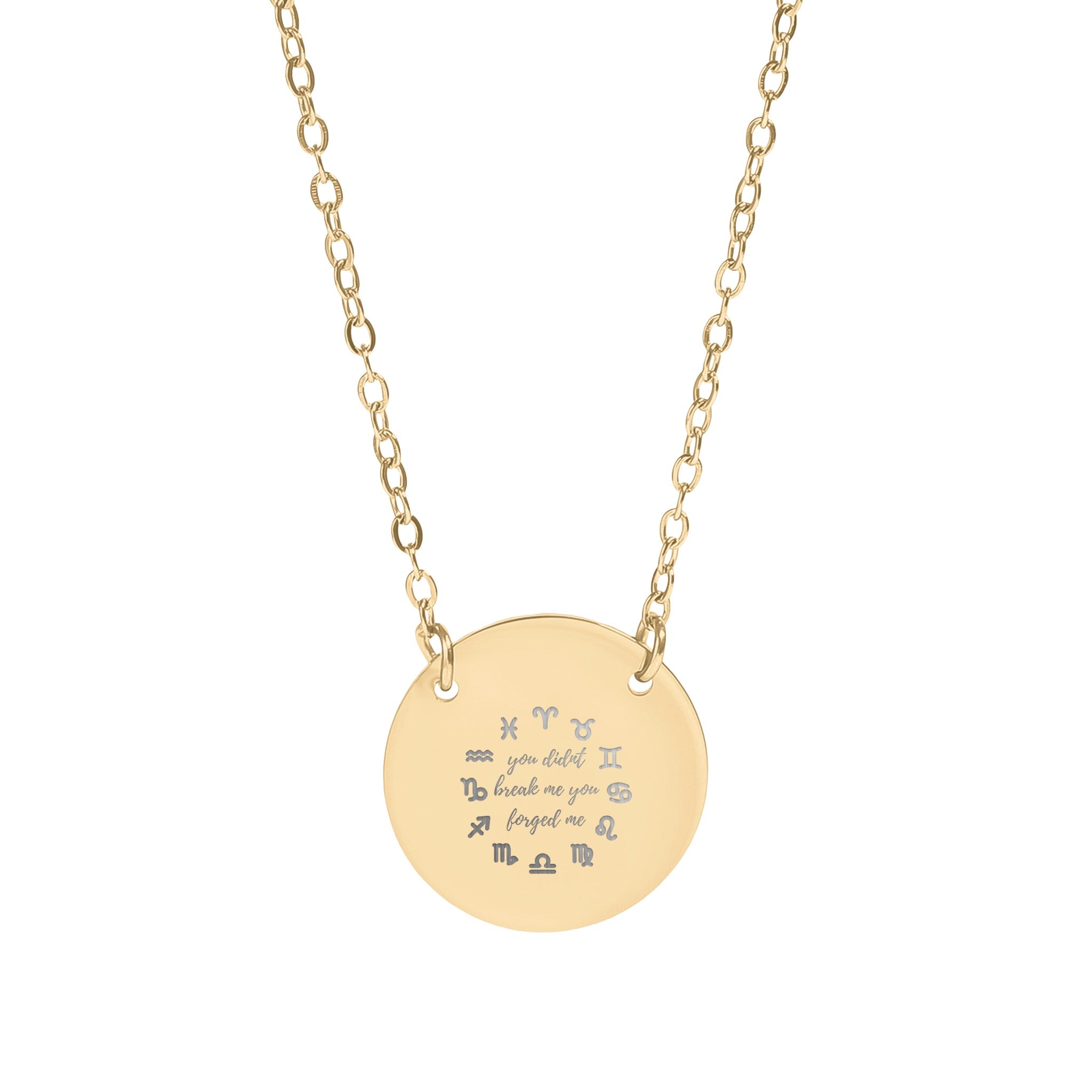Zodiac Signs Inscribed Gold Round Pendant Necklace