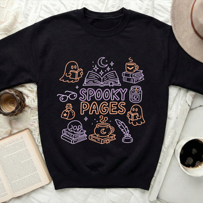 Black sweatshirt with "Spooky Pages" text and Halloween-themed book graphics.