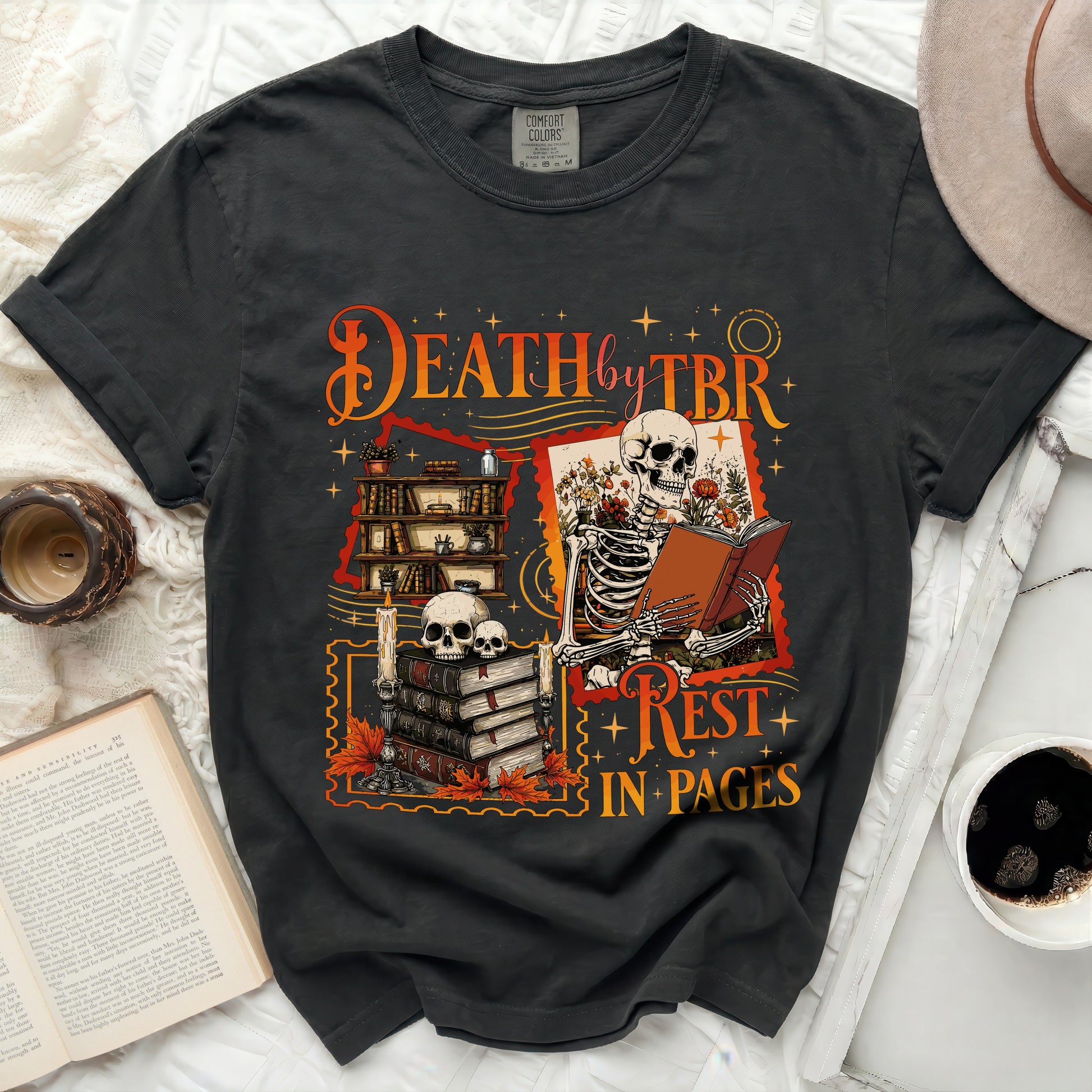 Skeleton reading a book with text "Death by TBR" and "Rest in Pages".