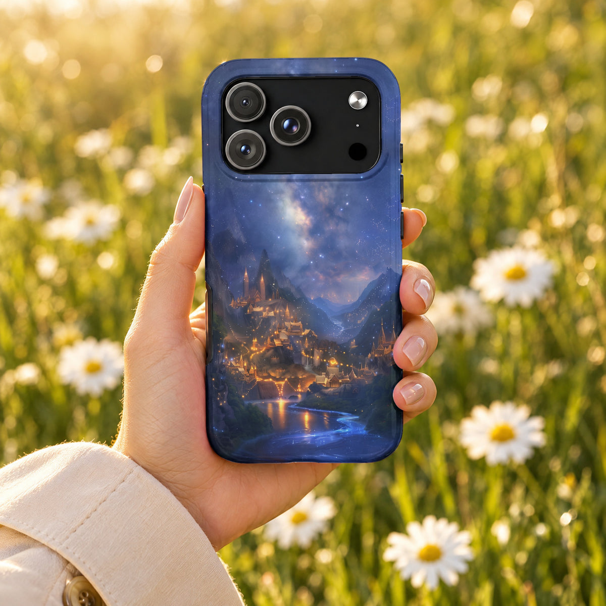 A hand holds a dark blue phone case featuring a fantasy castle beneath a starry night sky.
