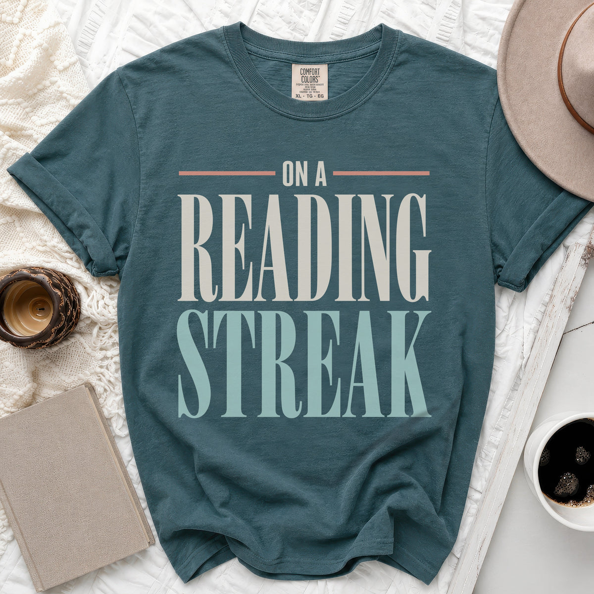 Teal Comfort Colors t-shirt with "On A Reading Streak" text.