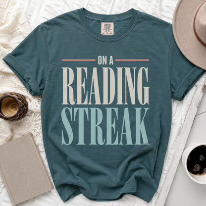Teal Comfort Colors t-shirt with "On A Reading Streak" text.