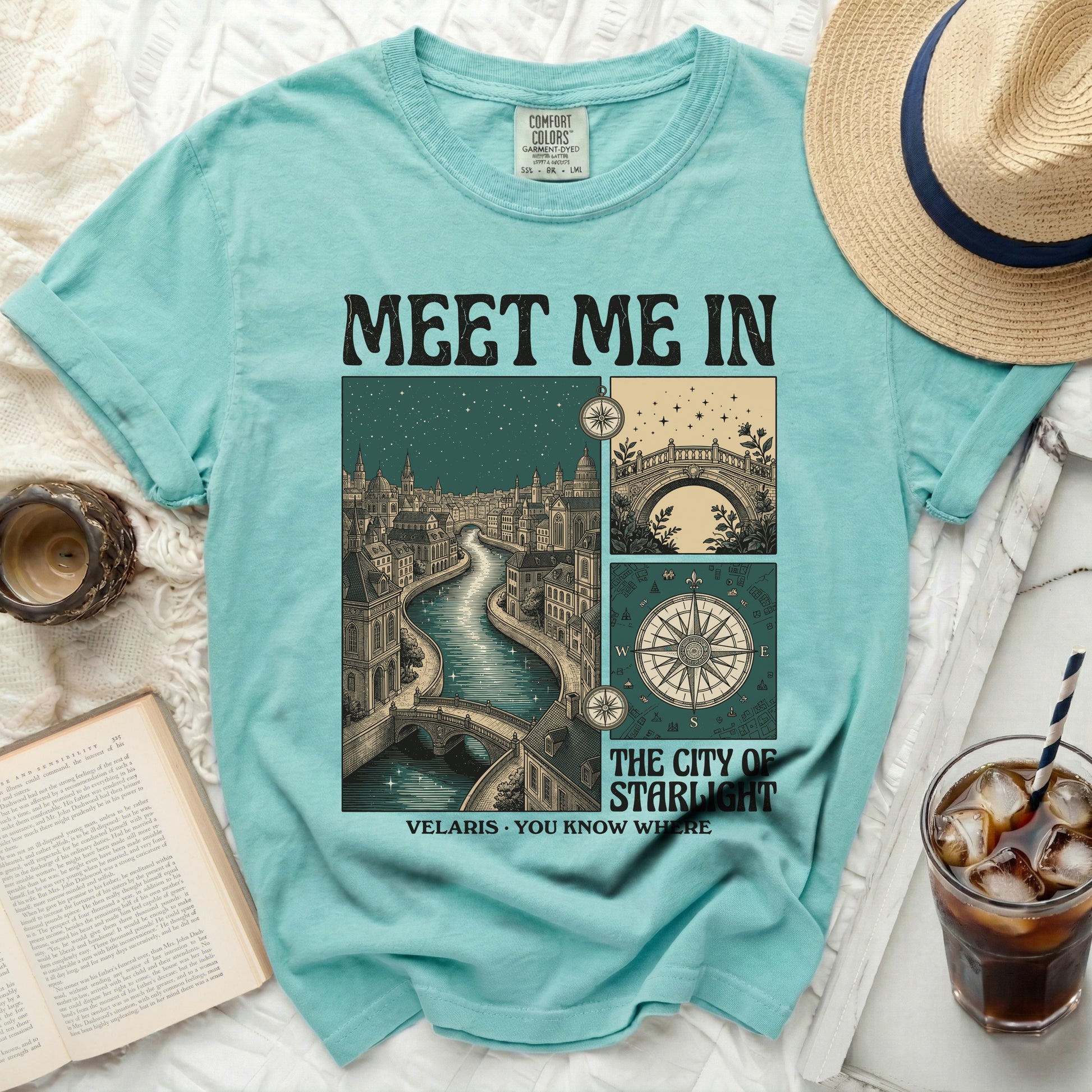 Teal t-shirt with "Meet Me In The City of Starlight Velaris" graphic.