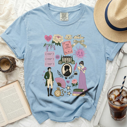 Light blue t-shirt with Jane Austen motifs including Pride and Prejudice.