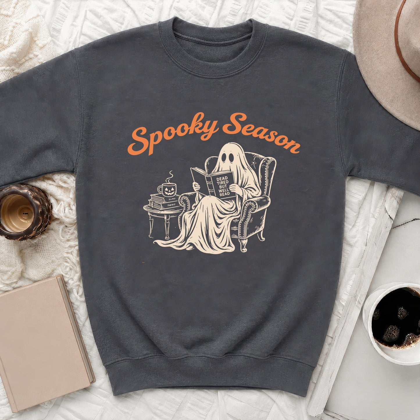 Dark gray sweatshirt with "Spooky Season" and a ghost reading a book.