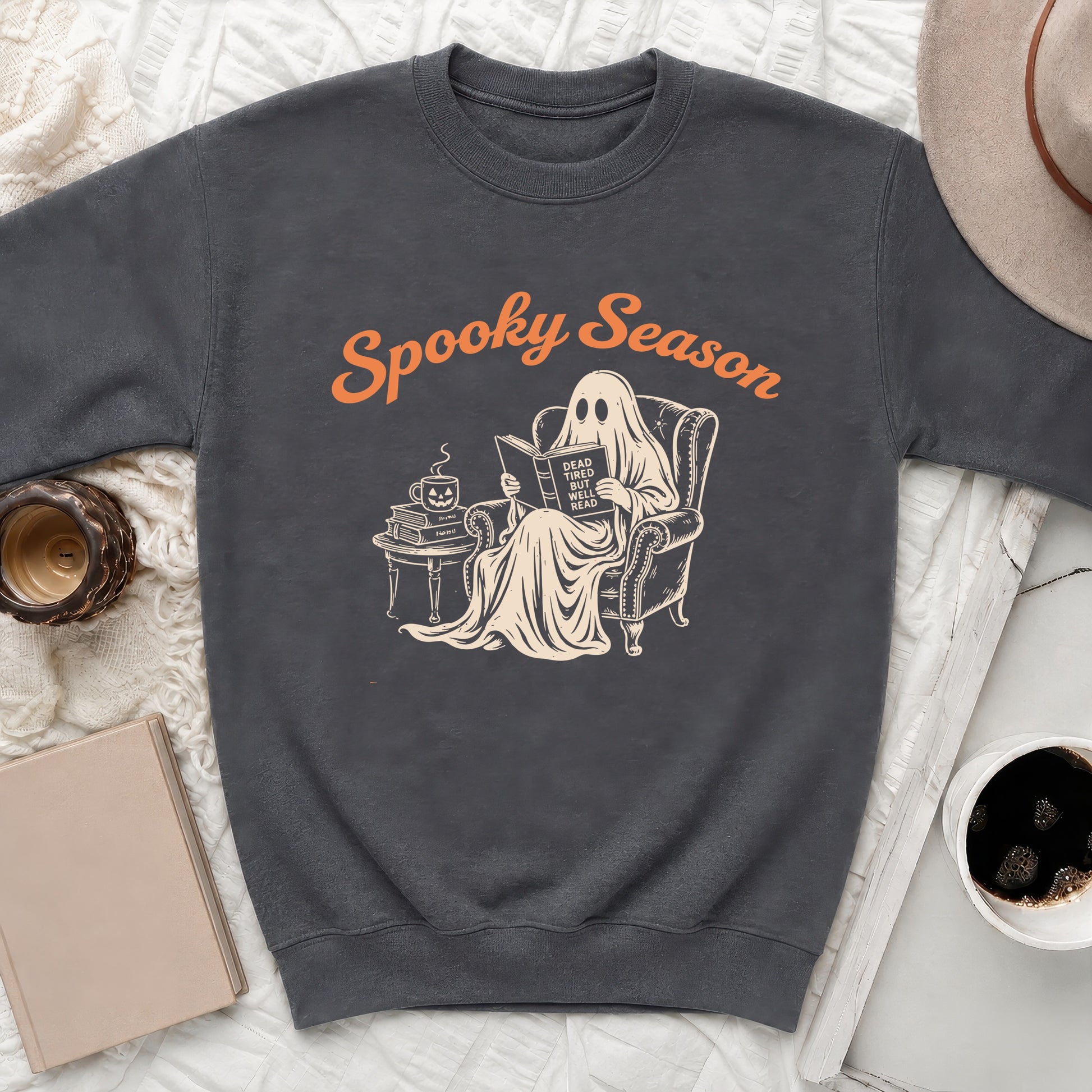 Dark gray sweatshirt with "Spooky Season" and a ghost reading a book.