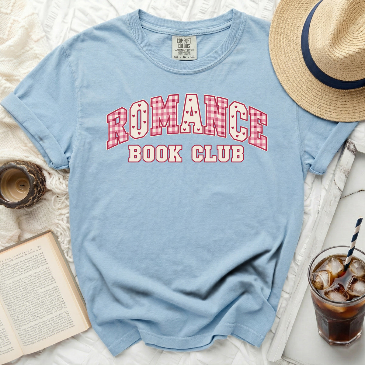 Light blue Comfort Colors t-shirt with "ROMANCE BOOK CLUB" graphic.