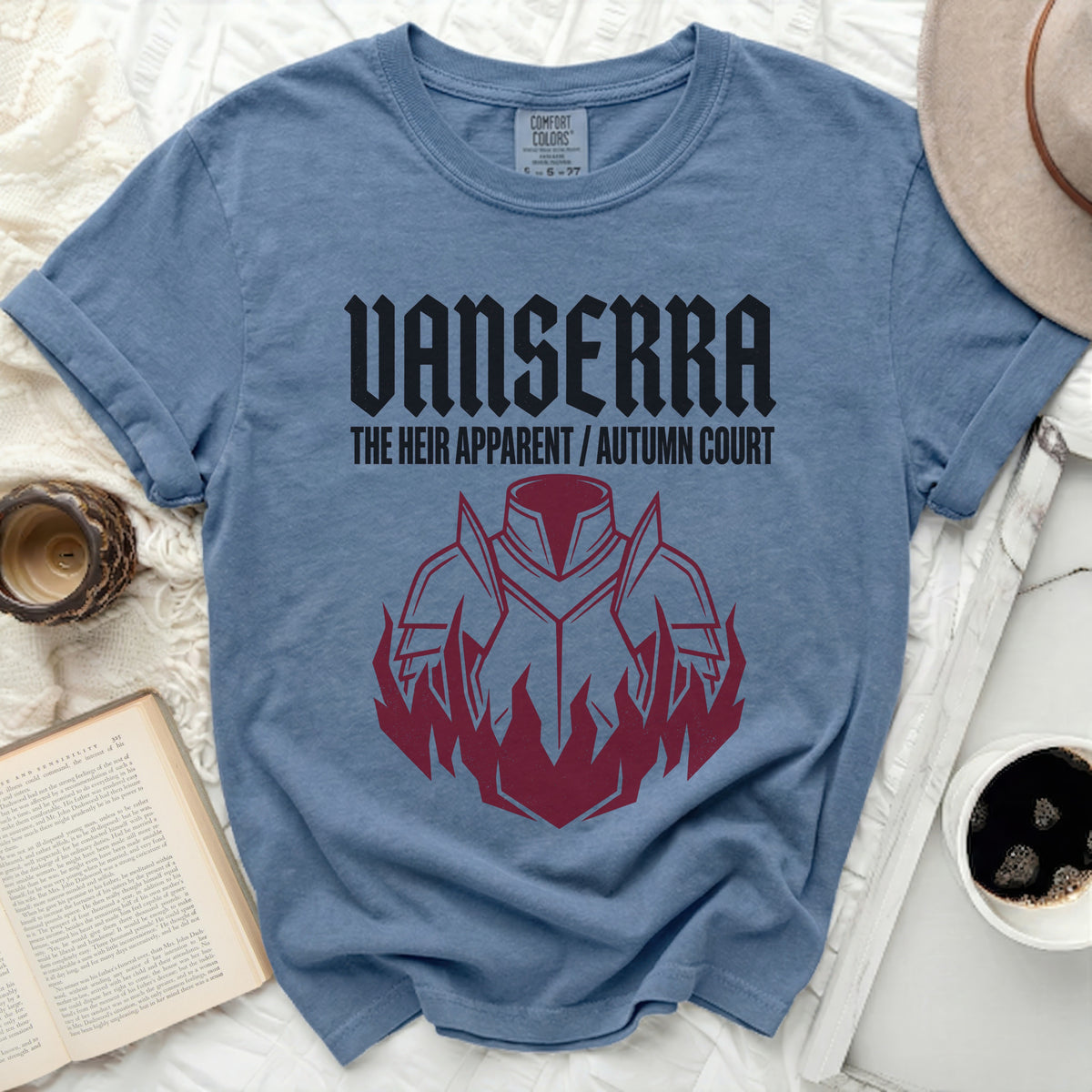 Blue Comfort Colors t-shirt with "VANSERRA THE HEIR APPARENT / AUTUMN COURT" text.