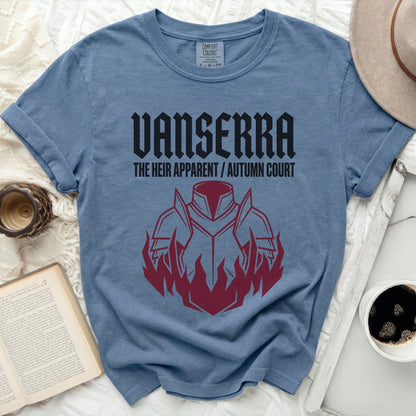 Blue Comfort Colors t-shirt with "VANSERRA THE HEIR APPARENT / AUTUMN COURT" text.