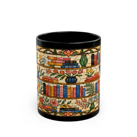 Black mug with a repeating pattern of bookshelves and flowers.