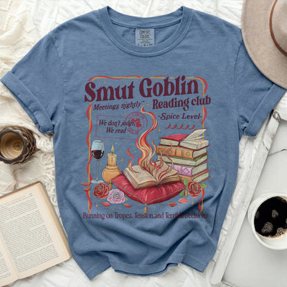 Comfort Colors t-shirt with "Smut Goblin Reading Club" design.