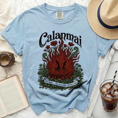 Light blue t-shirt with "Calanmai Fire Night - The Great Rite - Spring Court" graphic.