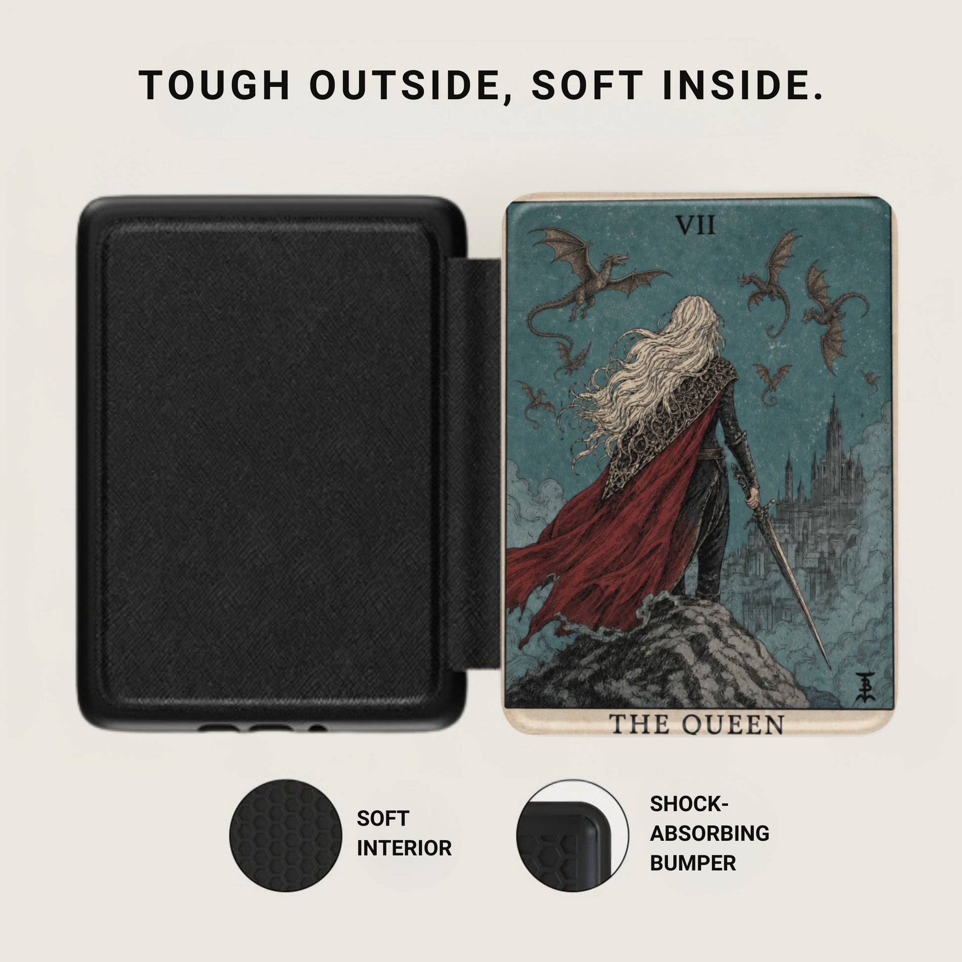 Black case and tarot card featuring "The Queen" with dragons and a castle.