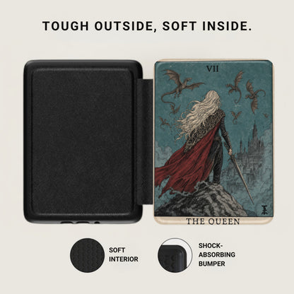 Black case and tarot card featuring "The Queen" with dragons and a castle.