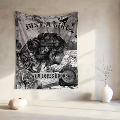 Collage tapestry with "Just a girl who loves books" text, featuring a woman and books.