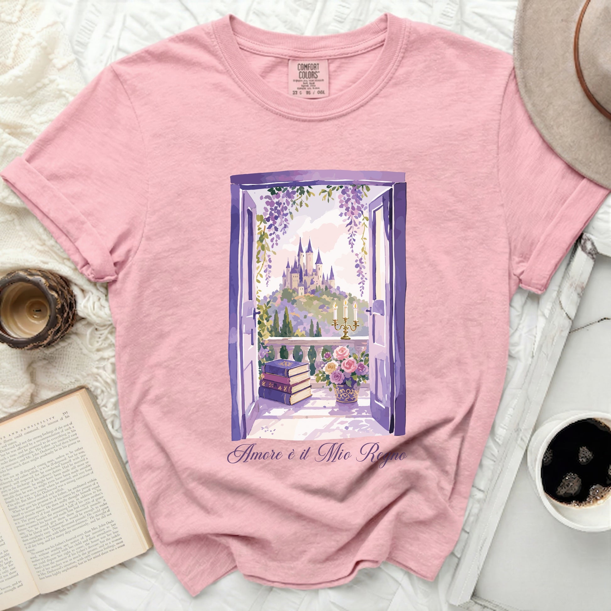 Pink t-shirt with "Amore è il Mio Regno" and castle watercolor graphic.