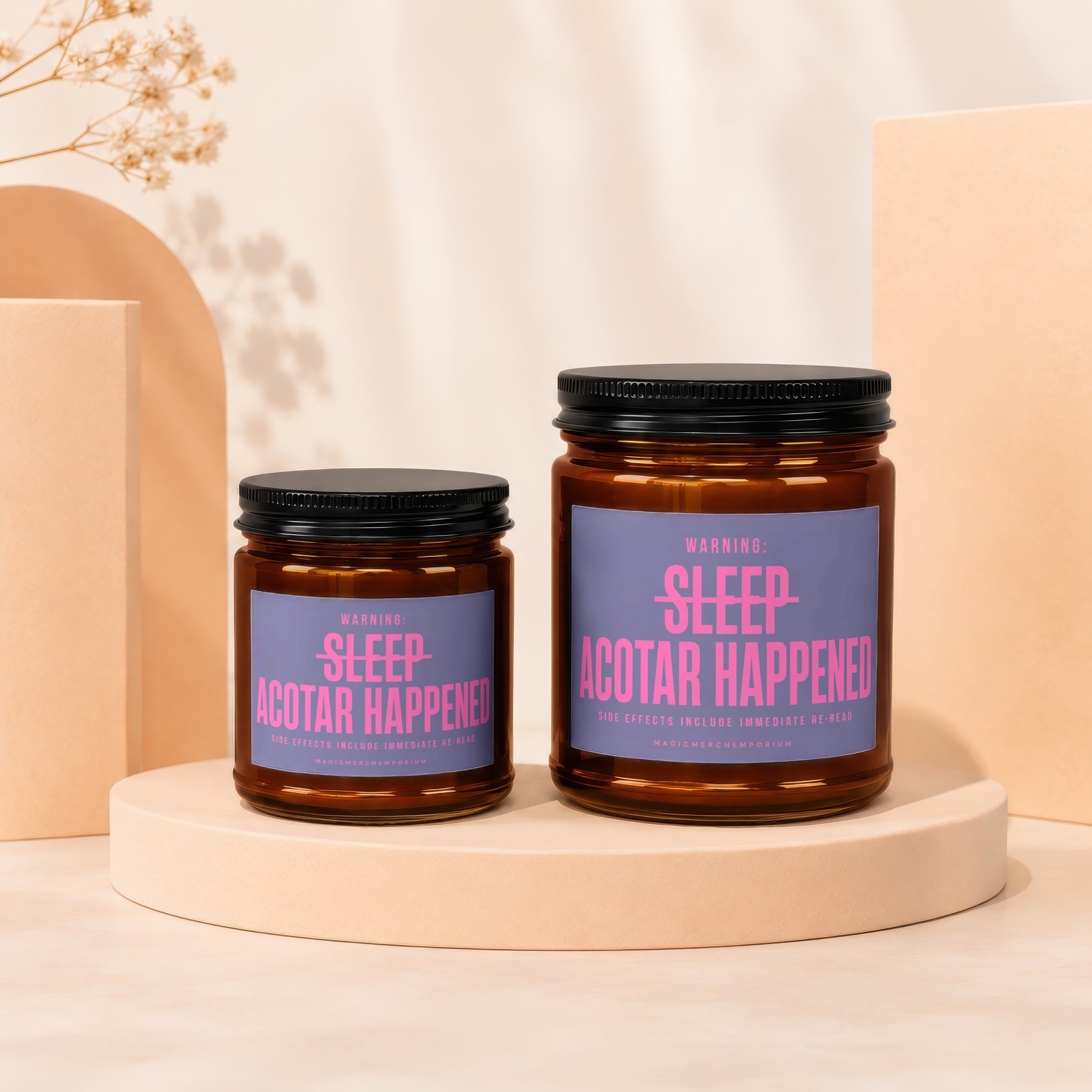 Two amber jars with black lids, one larger than the other, displaying "SLEEP ACOTAR HAPPENED" labels.