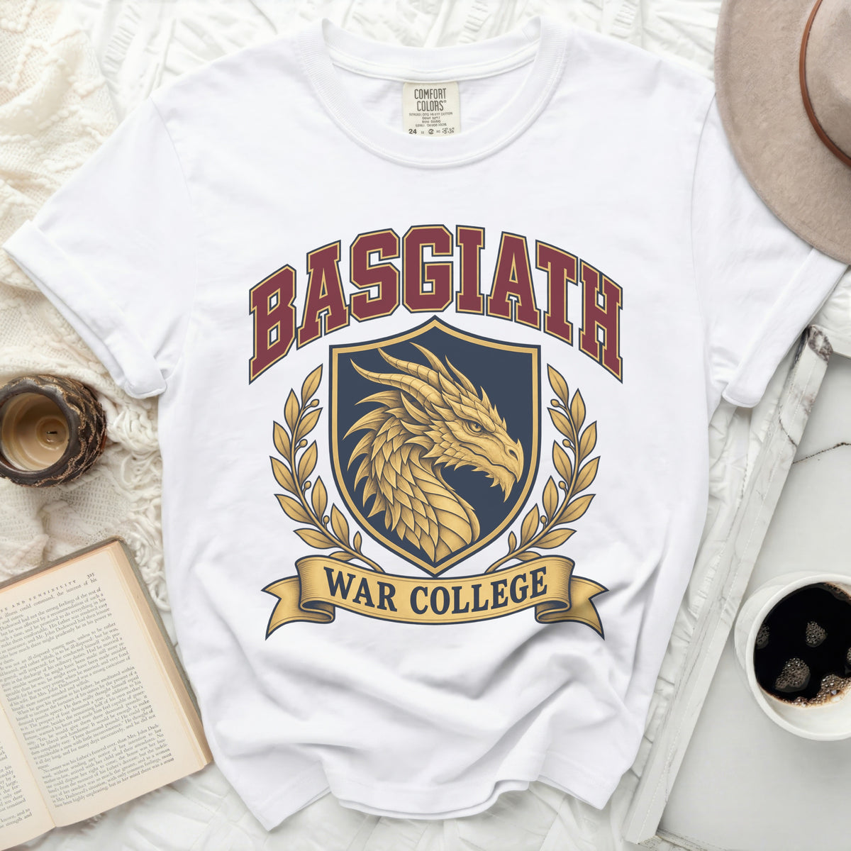 White t-shirt with Basgiath War College crest featuring a dragon and laurel wreath.