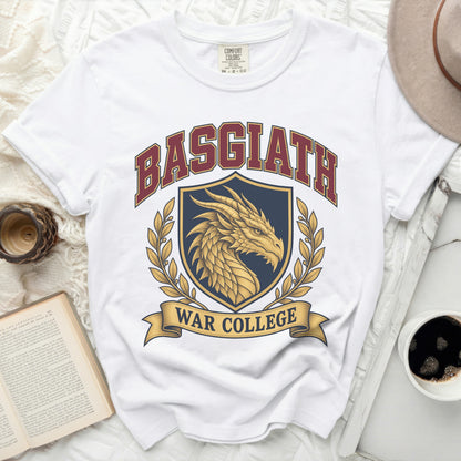White t-shirt with Basgiath War College crest featuring a dragon and laurel wreath.
