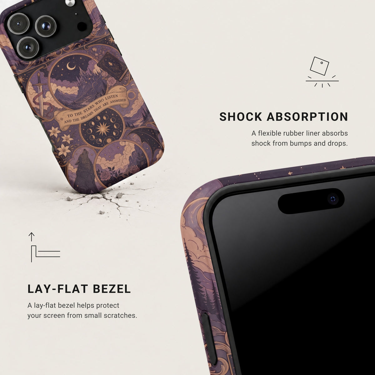 Two views of a phone case with a purple fantasy design highlighting shock absorption and lay-flat bezel features.