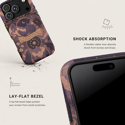 Two views of a phone case with a purple fantasy design highlighting shock absorption and lay-flat bezel features.
