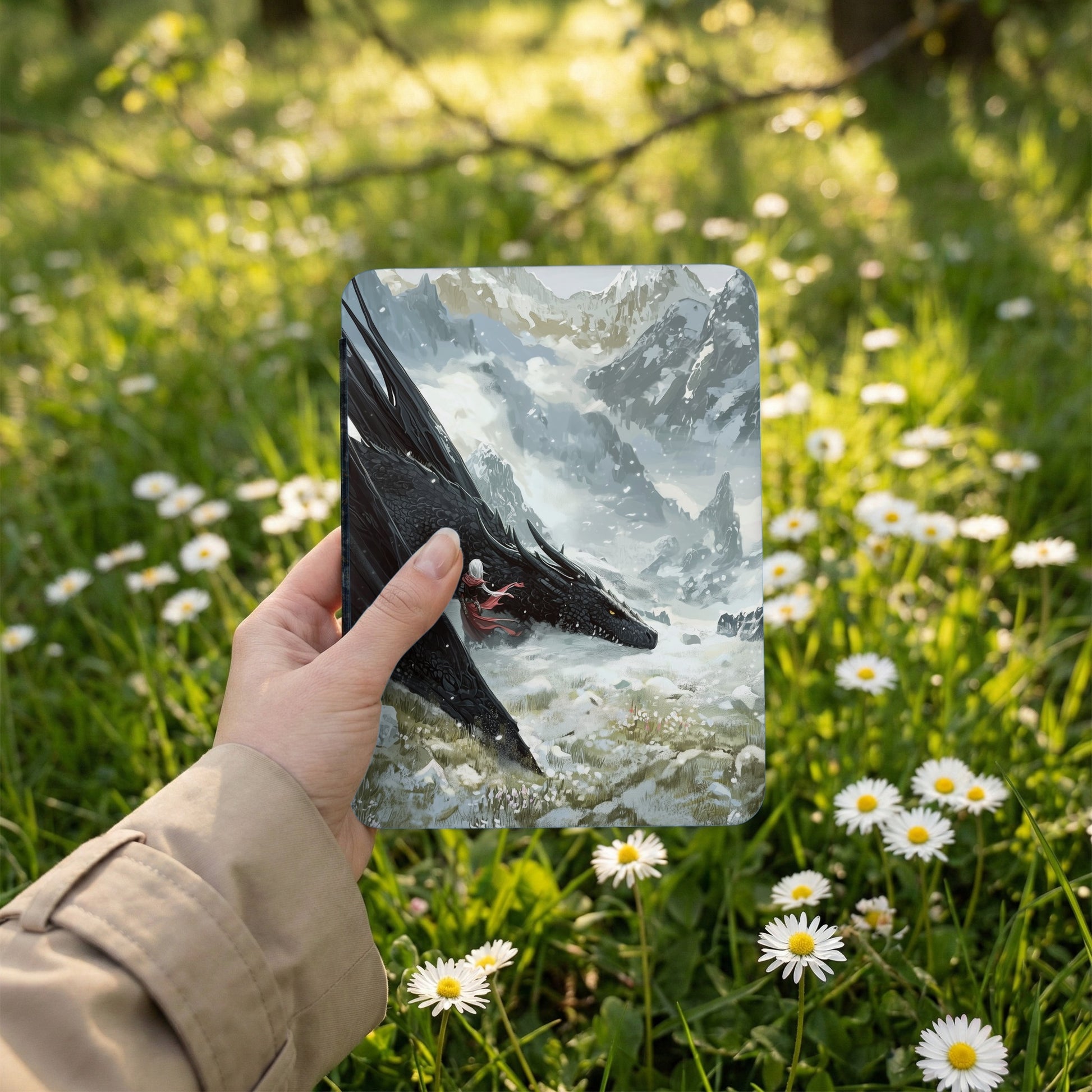 Black Dragon Rider Snowy Mountains Fantasy Art product type