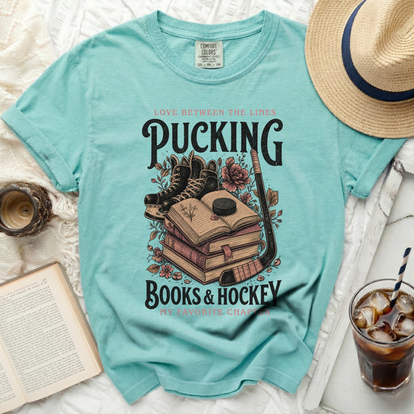 Pucking Books & Hockey Tee in Island Reef