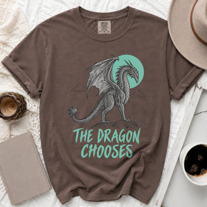 Brown t-shirt with a dragon graphic and "The Dragon Chooses" text.