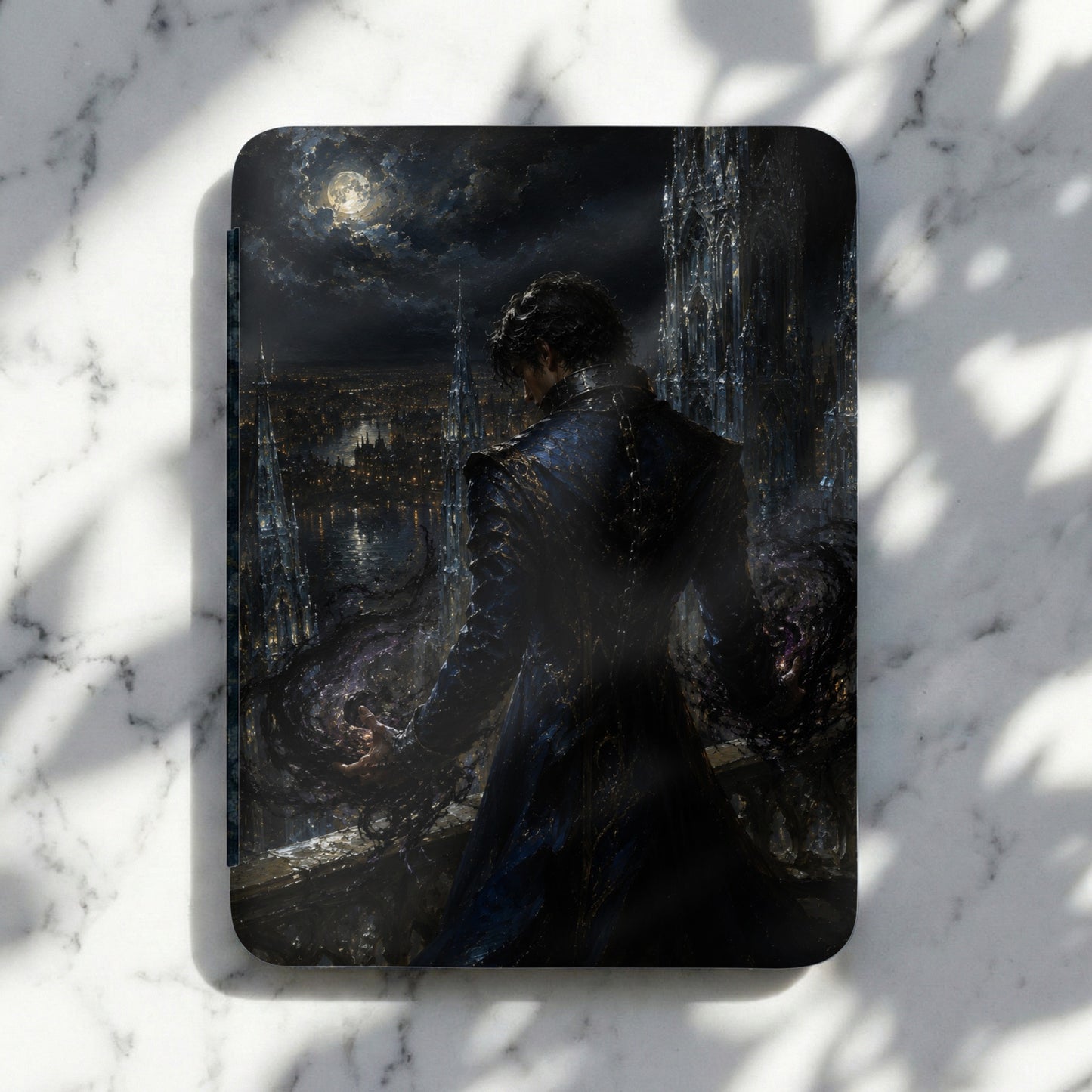 Dark fantasy art of a man in a trench coat with magical aura over a city skyline at night.