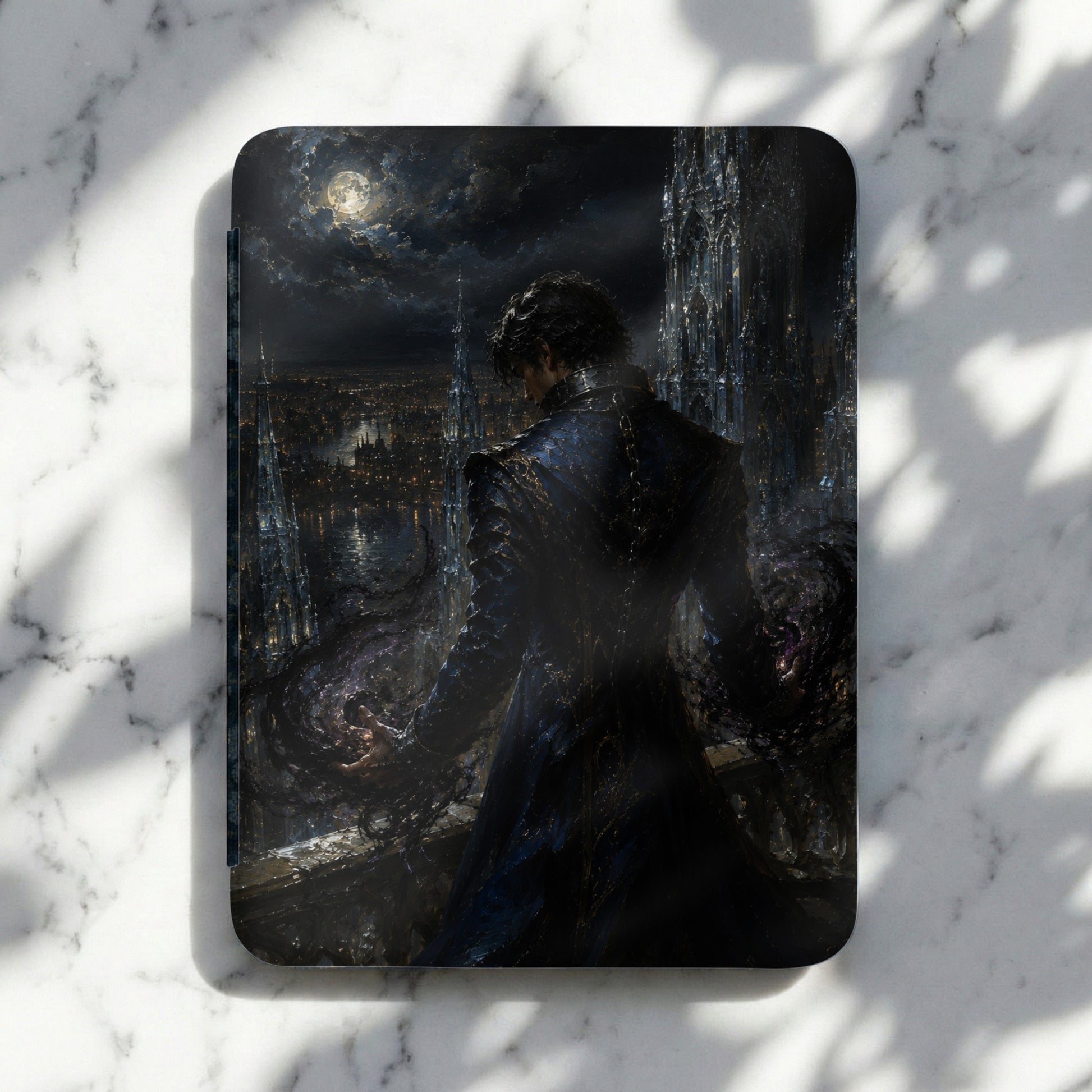 Dark fantasy art of a man in a trench coat with magical aura over a city skyline at night.