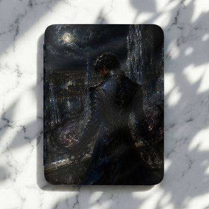 Dark fantasy art of a man in a trench coat with magical aura over a city skyline at night.