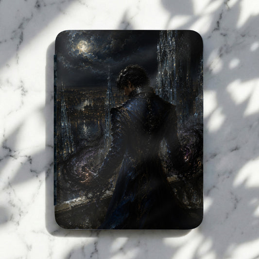 Dark fantasy art of a man in a trench coat with magical aura over a city skyline at night.
