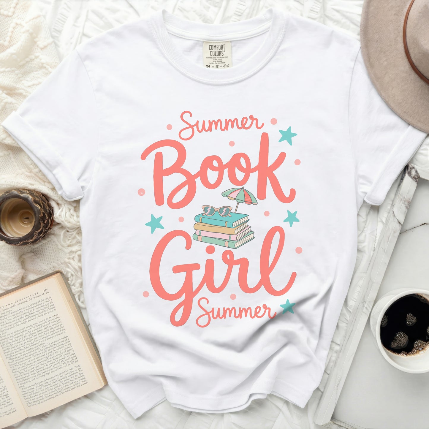 White t-shirt with "Summer Book Girl" graphic and stars.
